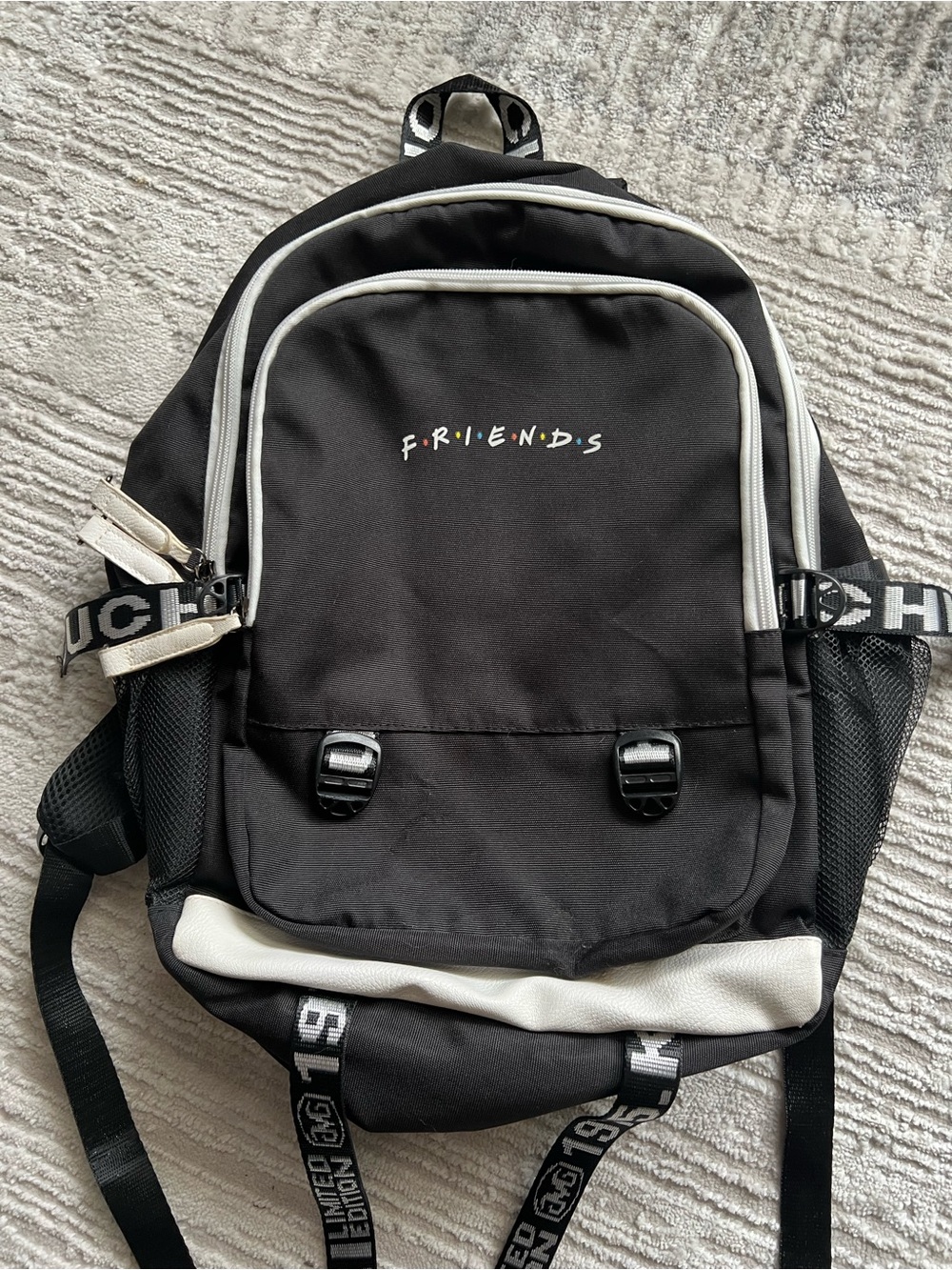 FRIENDS Black Backpack with White Trim